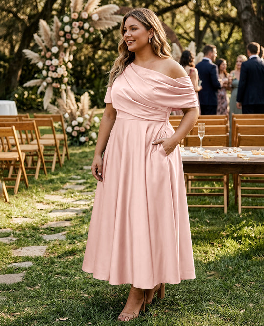 Robe de Mère de la Mariée Grande Taille, Coupe A-Line/Princess, Asymétrique, Manches Mi-Longues, Longueur Cheville, avec Volants