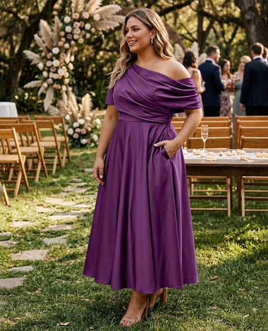 Robe de Mère de la Mariée Grande Taille, Coupe A-Line/Princess, Asymétrique, Manches Mi-Longues, Longueur Cheville, avec Volants
