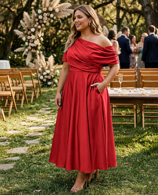 Robe de Mère de la Mariée Grande Taille, Coupe A-Line/Princess, Asymétrique, Manches Mi-Longues, Longueur Cheville, avec Volants