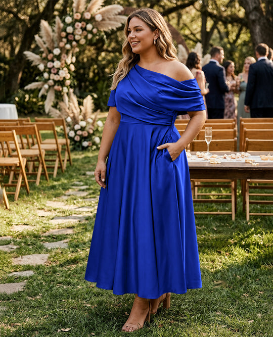 Robe de Mère de la Mariée Grande Taille, Coupe A-Line/Princess, Asymétrique, Manches Mi-Longues, Longueur Cheville, avec Volants