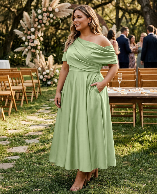 Robe de Mère de la Mariée Grande Taille, Coupe A-Line/Princess, Asymétrique, Manches Mi-Longues, Longueur Cheville, avec Volants