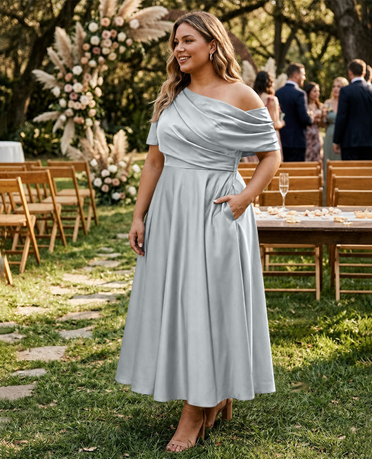 Robe de Mère de la Mariée Grande Taille, Coupe A-Line/Princess, Asymétrique, Manches Mi-Longues, Longueur Cheville, avec Volants