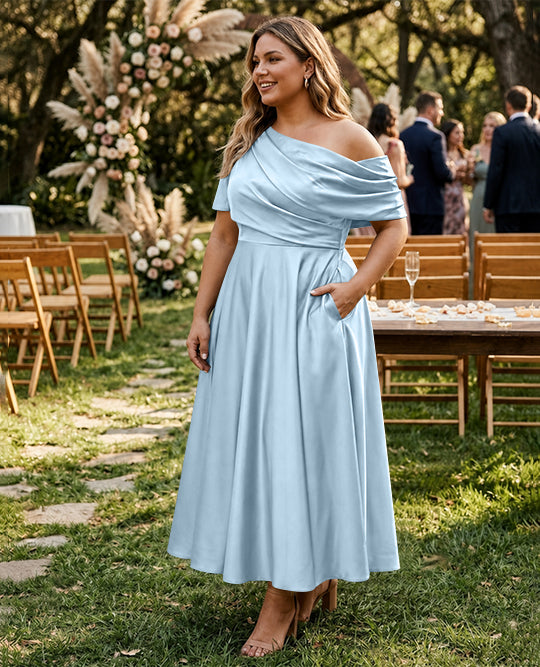 Robe de Mère de la Mariée Grande Taille, Coupe A-Line/Princess, Asymétrique, Manches Mi-Longues, Longueur Cheville, avec Volants