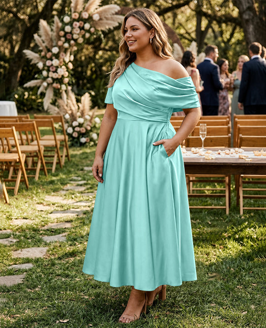 Robe de Mère de la Mariée Grande Taille, Coupe A-Line/Princess, Asymétrique, Manches Mi-Longues, Longueur Cheville, avec Volants