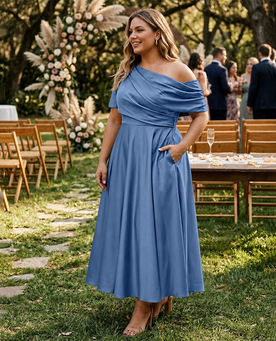 Robe de Mère de la Mariée Grande Taille, Coupe A-Line/Princess, Asymétrique, Manches Mi-Longues, Longueur Cheville, avec Volants
