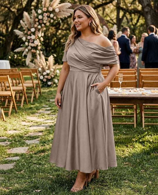 Robe de Mère de la Mariée Grande Taille, Coupe A-Line/Princess, Asymétrique, Manches Mi-Longues, Longueur Cheville, avec Volants
