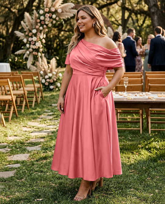 Robe de Mère de la Mariée Grande Taille, Coupe A-Line/Princess, Asymétrique, Manches Mi-Longues, Longueur Cheville, avec Volants
