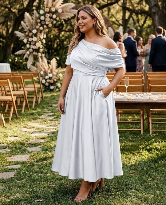 Robe de Mère de la Mariée Grande Taille, Coupe A-Line/Princess, Asymétrique, Manches Mi-Longues, Longueur Cheville, avec Volants