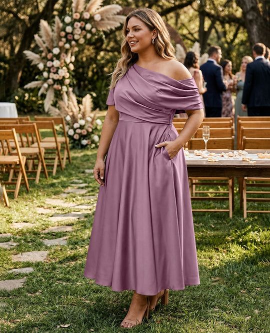 Robe de Mère de la Mariée Grande Taille, Coupe A-Line/Princess, Asymétrique, Manches Mi-Longues, Longueur Cheville, avec Volants
