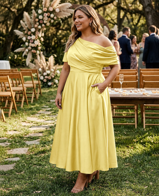 Robe de Mère de la Mariée Grande Taille, Coupe A-Line/Princess, Asymétrique, Manches Mi-Longues, Longueur Cheville, avec Volants