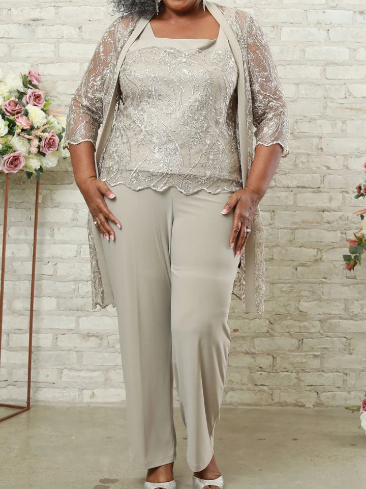 Polyester 3 Morceaux Carré Neck 3/4 Length Sleeves Plus Taille Robes Mère de La Mariée avec veste & Shimmering Print