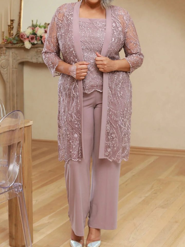 Polyester 3 Morceaux Carré Neck 3/4 Length Sleeves Plus Taille Robes Mère de La Mariée avec veste & Shimmering Print