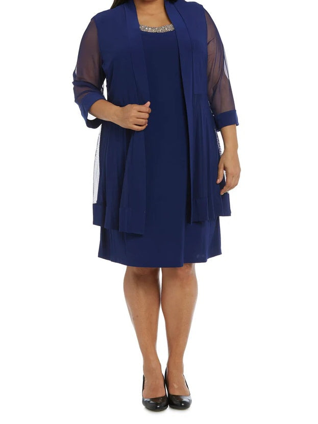 Gaine/Colonne 2 Morceaux Col rond 3/4 Length Sleeves Longueur Genou Plus Taille Robes Mère de La Mariée avec veste