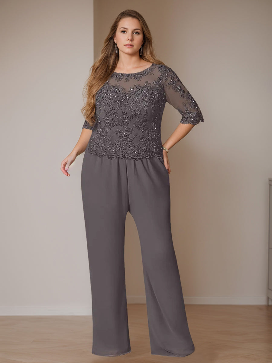 Mousseline 3 Morceaux Scoop Neck Manches Longues La Longueur du Sol Plus TailleTailleurs-pantalons pour mère de la mariée avec veste