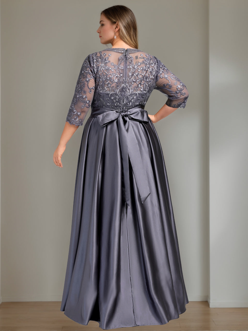 Robe de Mère de la Mariée Grande Taille, Coupe A-Line/Princess, Manches 3/4, Longueur Au Sol, avec Nœud et Paillettes