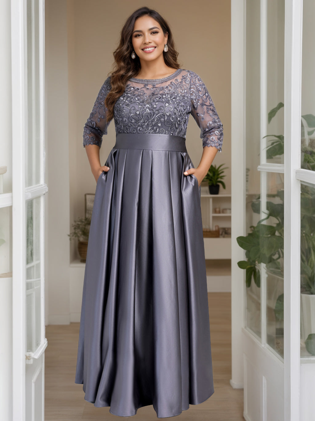 Robe de Mère de la Mariée Grande Taille, Coupe A-Line/Princess, Manches 3/4, Longueur Au Sol, avec Nœud et Paillettes