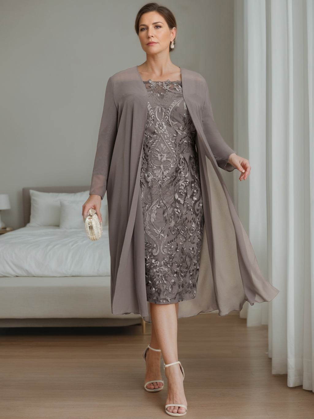 Gaine/Colonne Hors de l'Épaule 3/4 Length Sleeves Longueur Genou Plus Taille Robes Mère de La Mariée avec veste