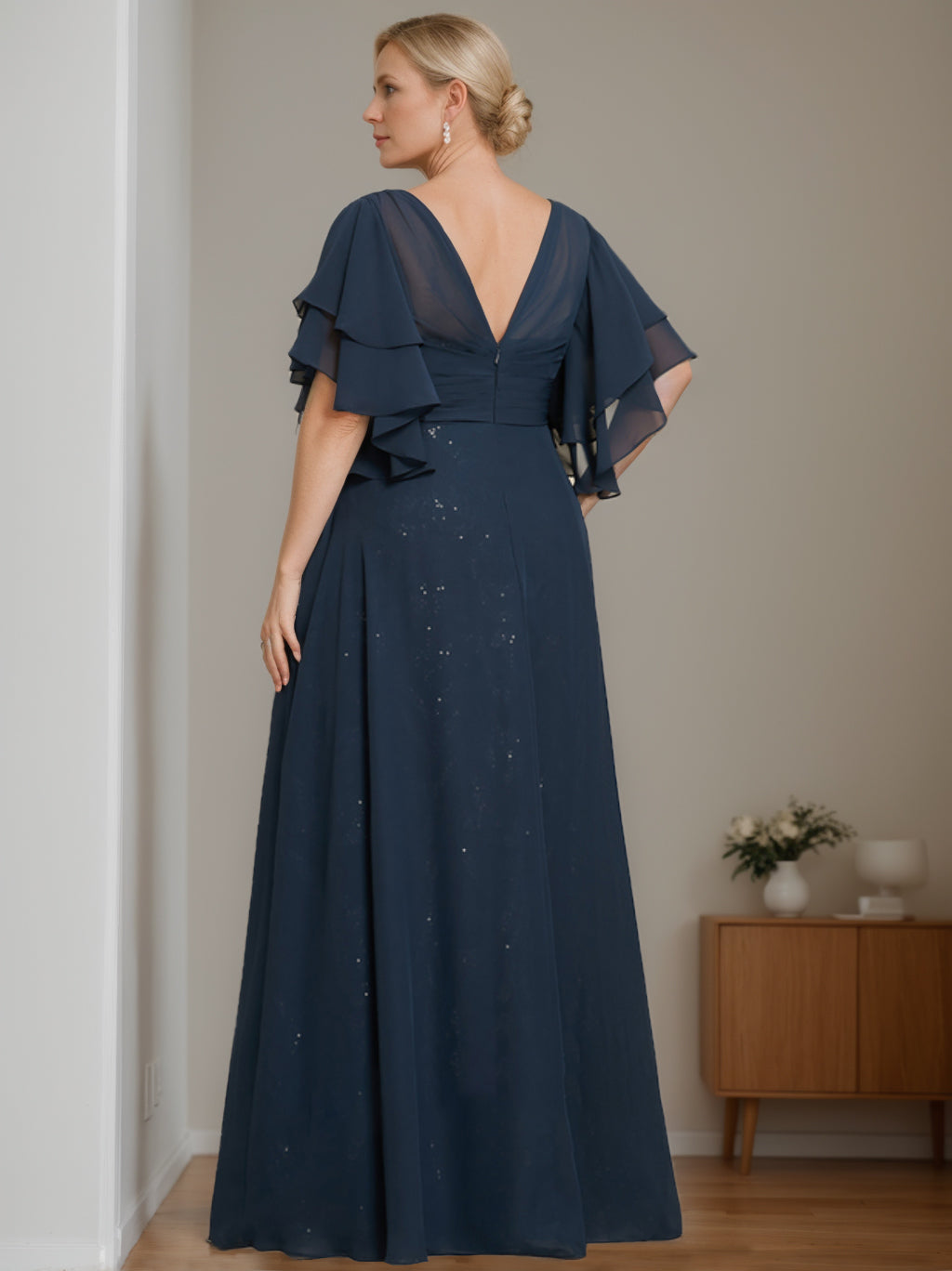 Robe de Mère de la Mariée A-Line/Princess à Col en V et Manches Mi-Longues, Grande Taille, avec Plis