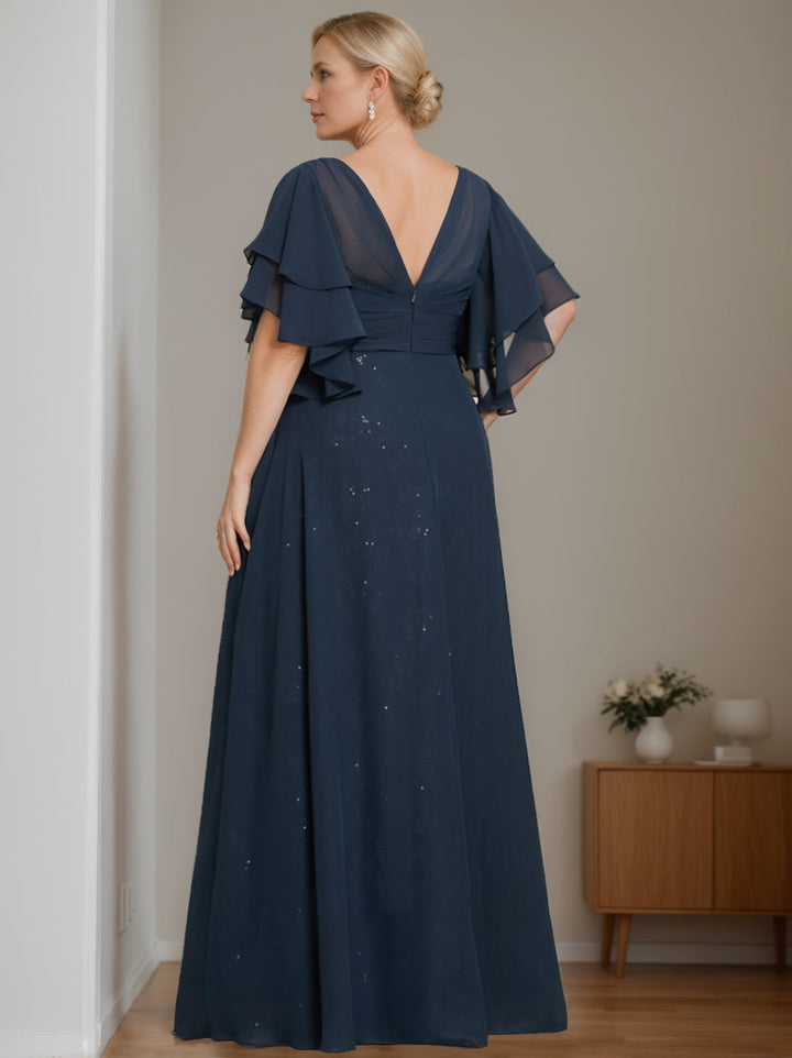 Robe de Mère de la Mariée A-Line/Princess à Col en V et Manches Mi-Longues, Grande Taille, avec Plis