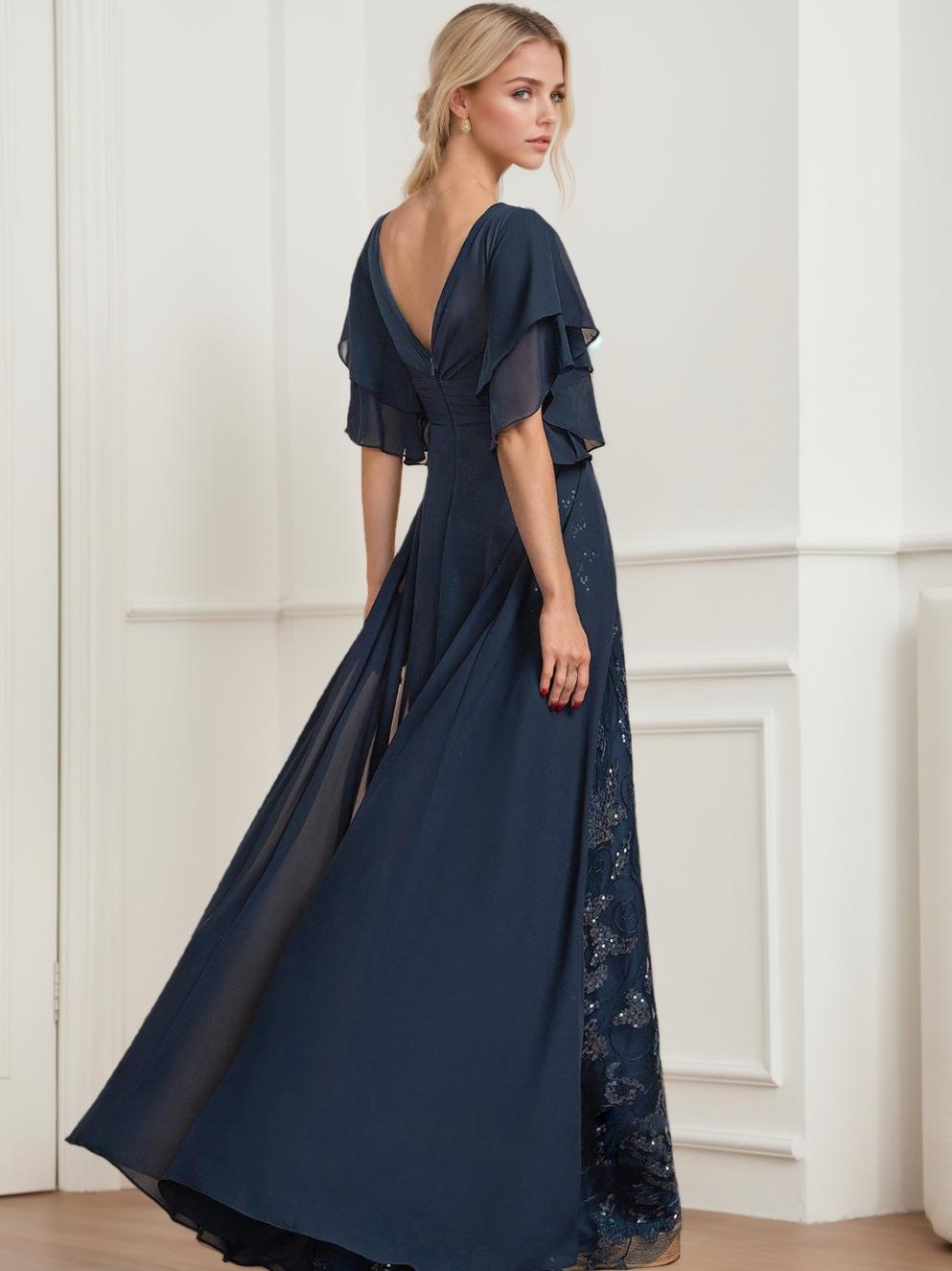 Robe de Mère de la Mariée A-Line/Princess à Col en V et Manches Mi-Longues, Grande Taille, avec Plis