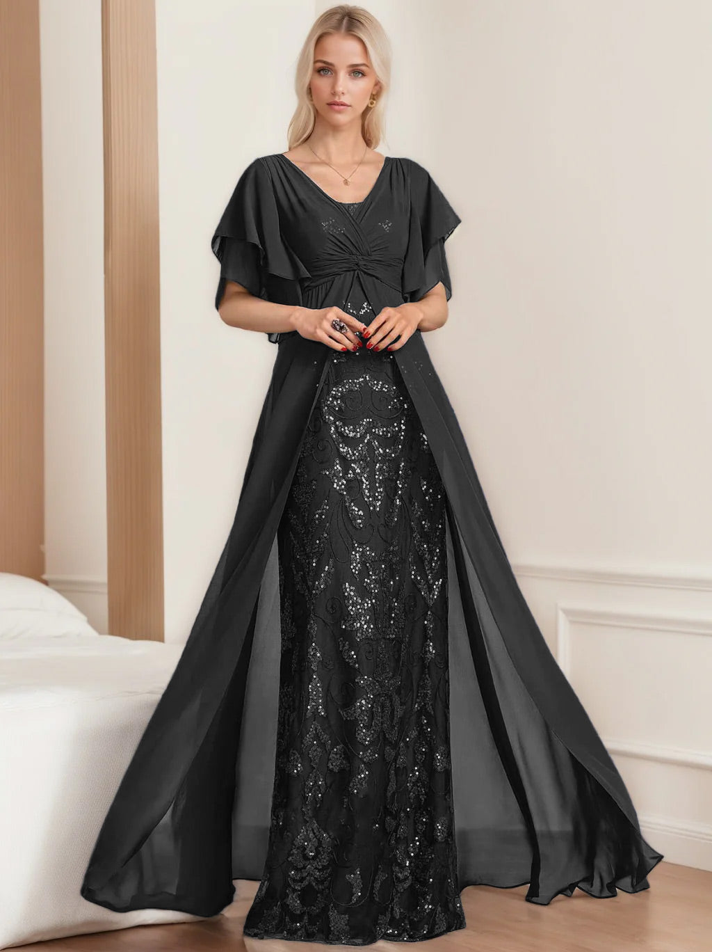 Robe de Mère de la Mariée A-Line/Princess à Col en V et Manches Mi-Longues, Grande Taille, avec Plis