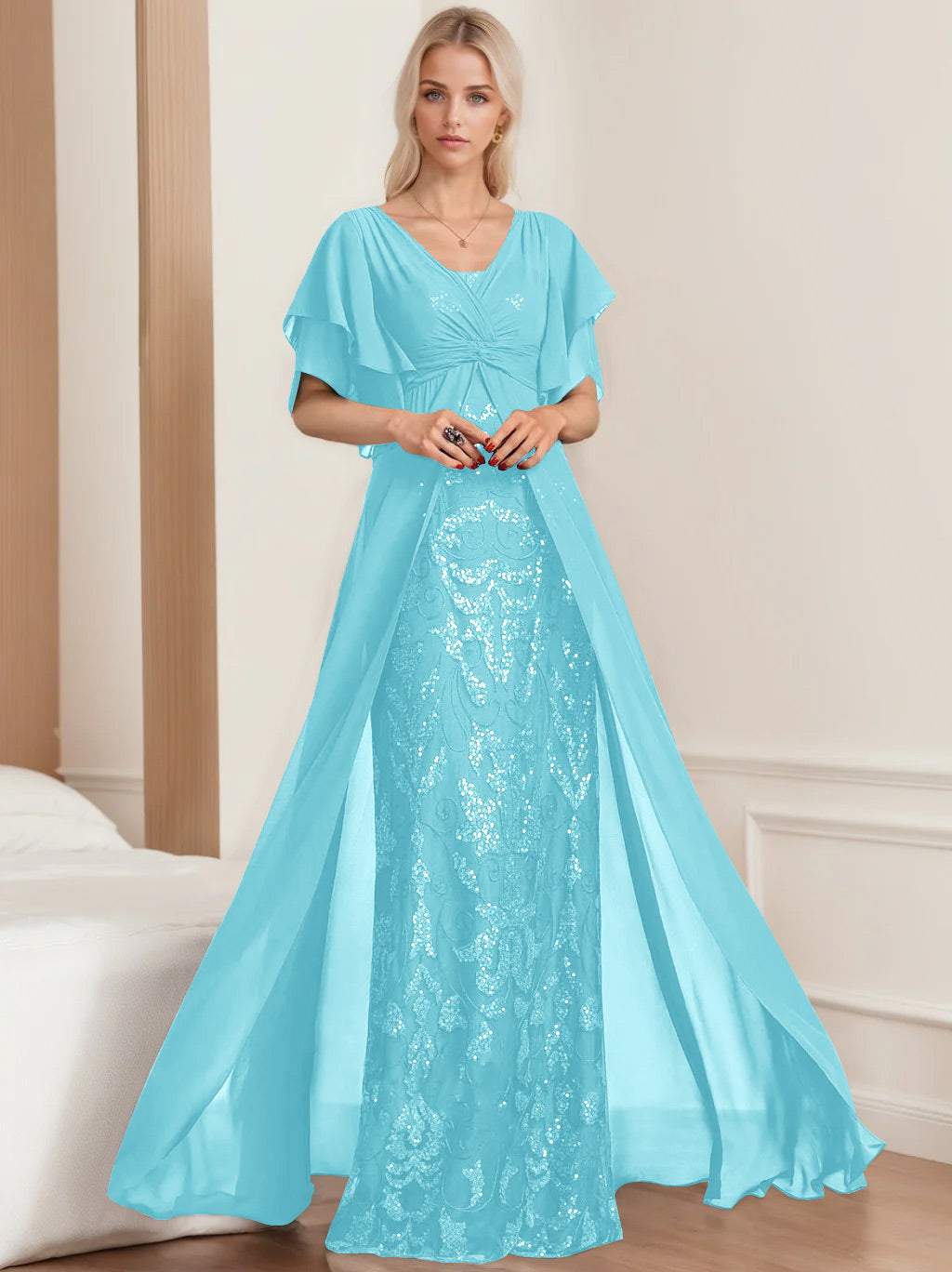 Robe de Mère de la Mariée A-Line/Princess à Col en V et Manches Mi-Longues, Grande Taille, avec Plis