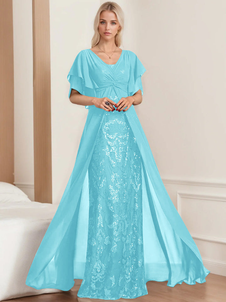 Robe de Mère de la Mariée A-Line/Princess à Col en V et Manches Mi-Longues, Grande Taille, avec Plis