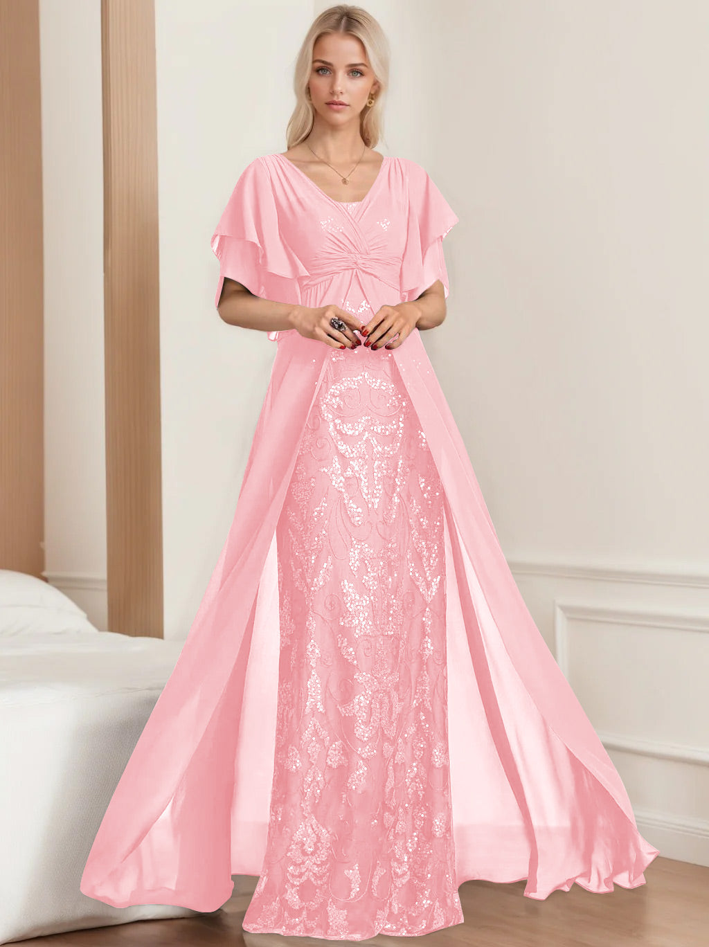 Robe de Mère de la Mariée A-Line/Princess à Col en V et Manches Mi-Longues, Grande Taille, avec Plis