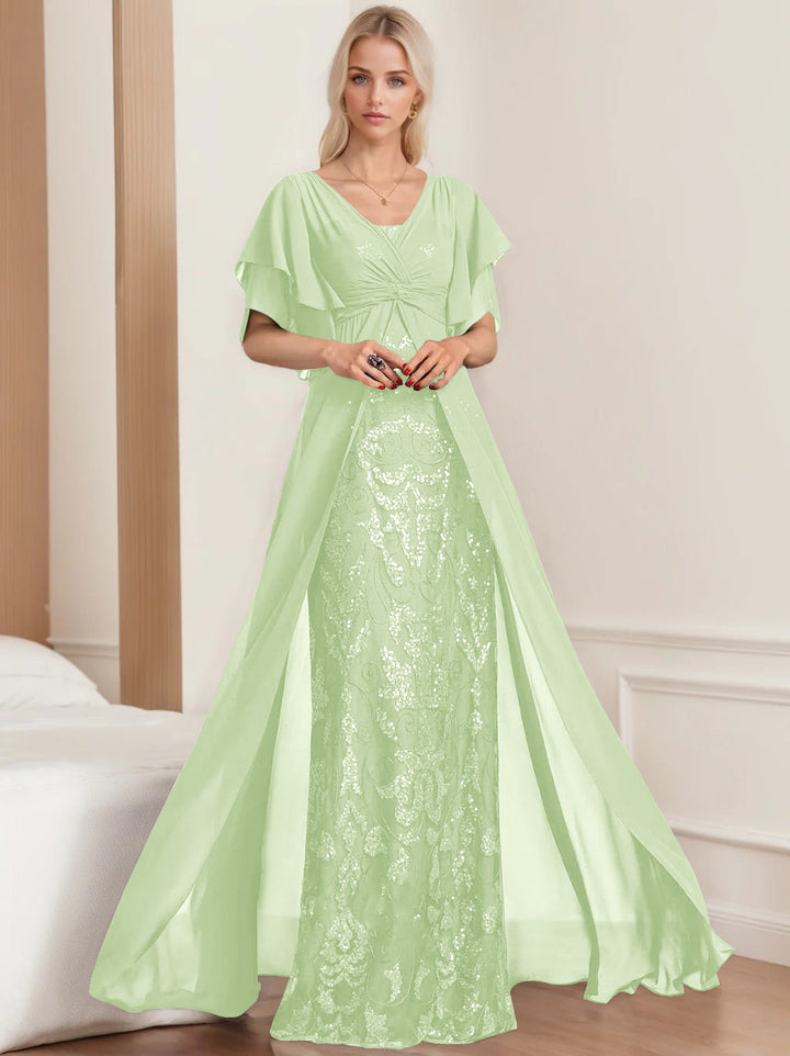 Robe de Mère de la Mariée A-Line/Princess à Col en V et Manches Mi-Longues, Grande Taille, avec Plis