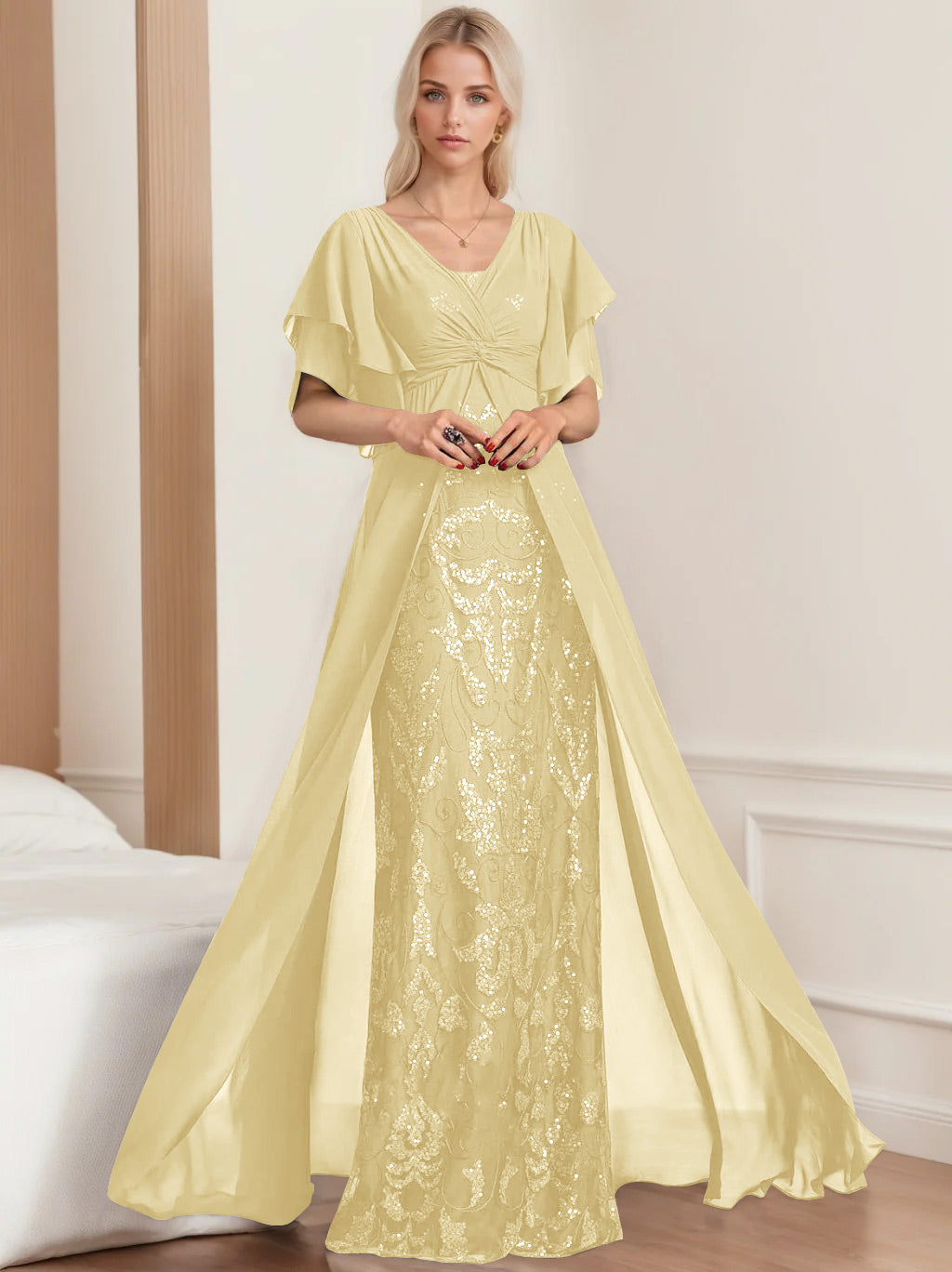 Robe de Mère de la Mariée A-Line/Princess à Col en V et Manches Mi-Longues, Grande Taille, avec Plis