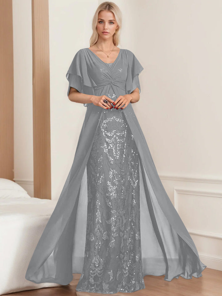 Robe de Mère de la Mariée A-Line/Princess à Col en V et Manches Mi-Longues, Grande Taille, avec Plis