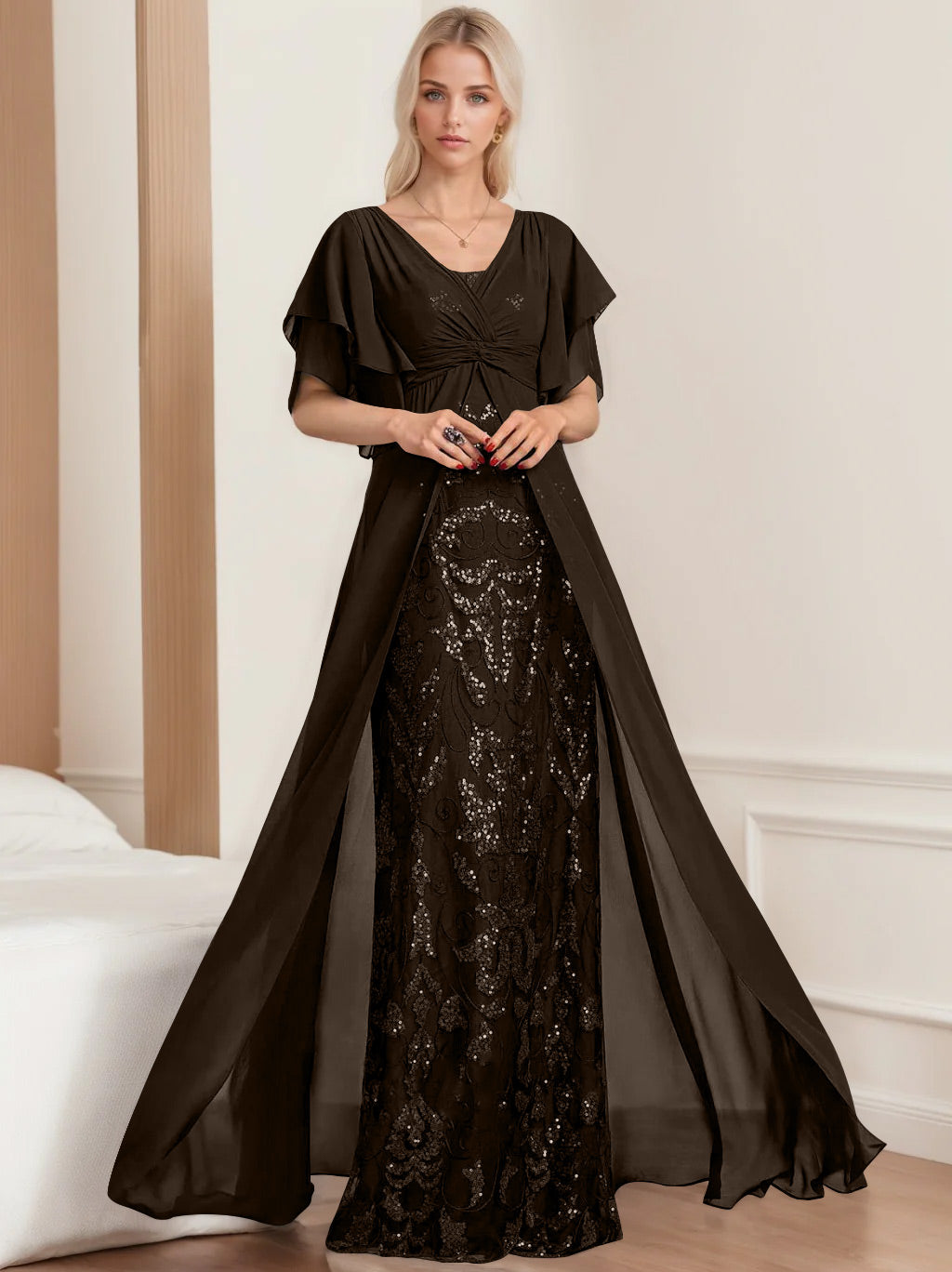 Robe de Mère de la Mariée A-Line/Princess à Col en V et Manches Mi-Longues, Grande Taille, avec Plis
