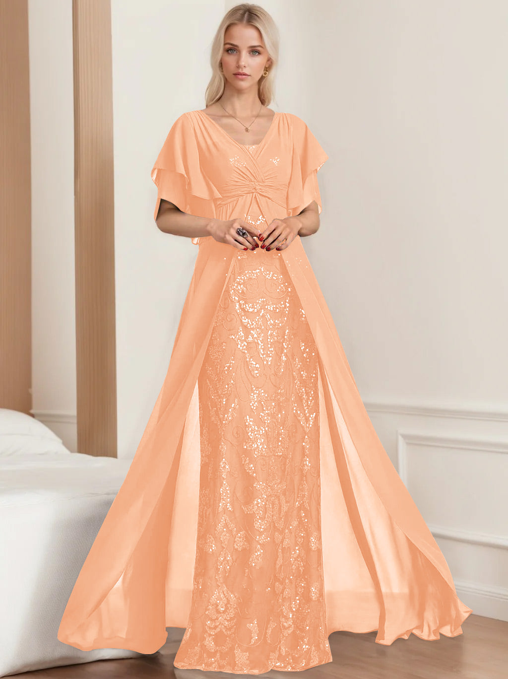Robe de Mère de la Mariée A-Line/Princess à Col en V et Manches Mi-Longues, Grande Taille, avec Plis