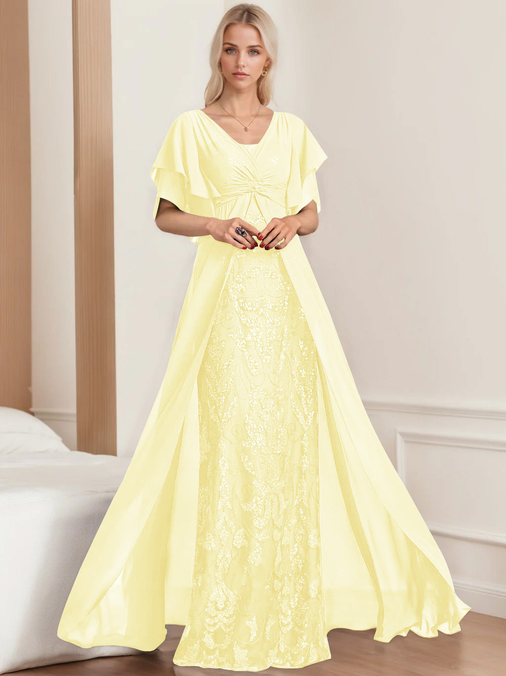 Robe de Mère de la Mariée A-Line/Princess à Col en V et Manches Mi-Longues, Grande Taille, avec Plis