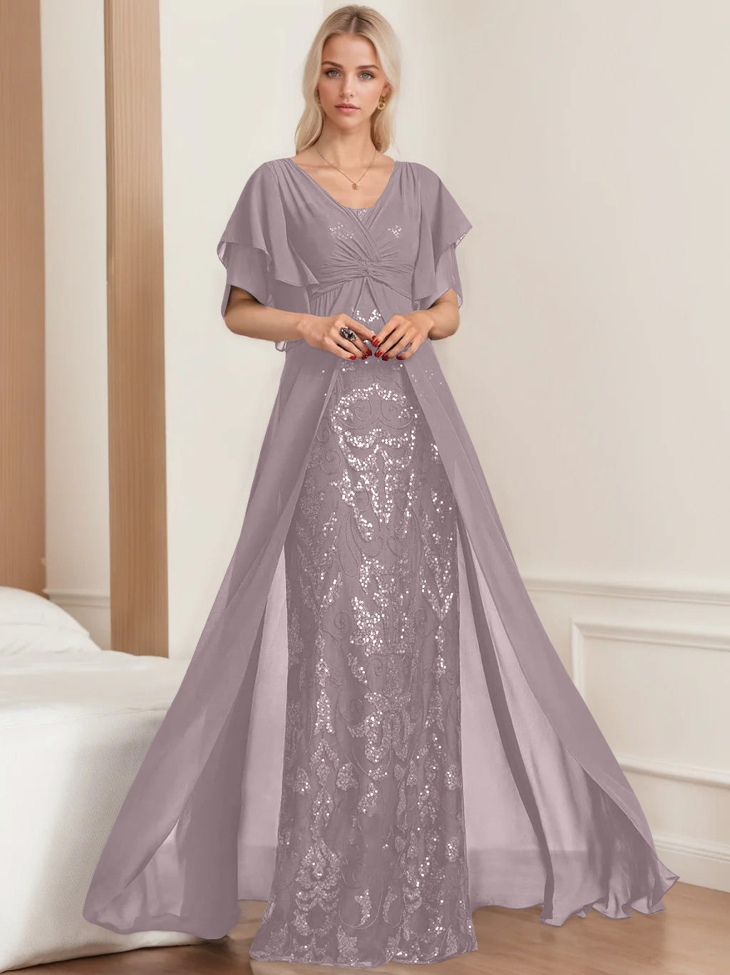 Robe de Mère de la Mariée A-Line/Princess à Col en V et Manches Mi-Longues, Grande Taille, avec Plis