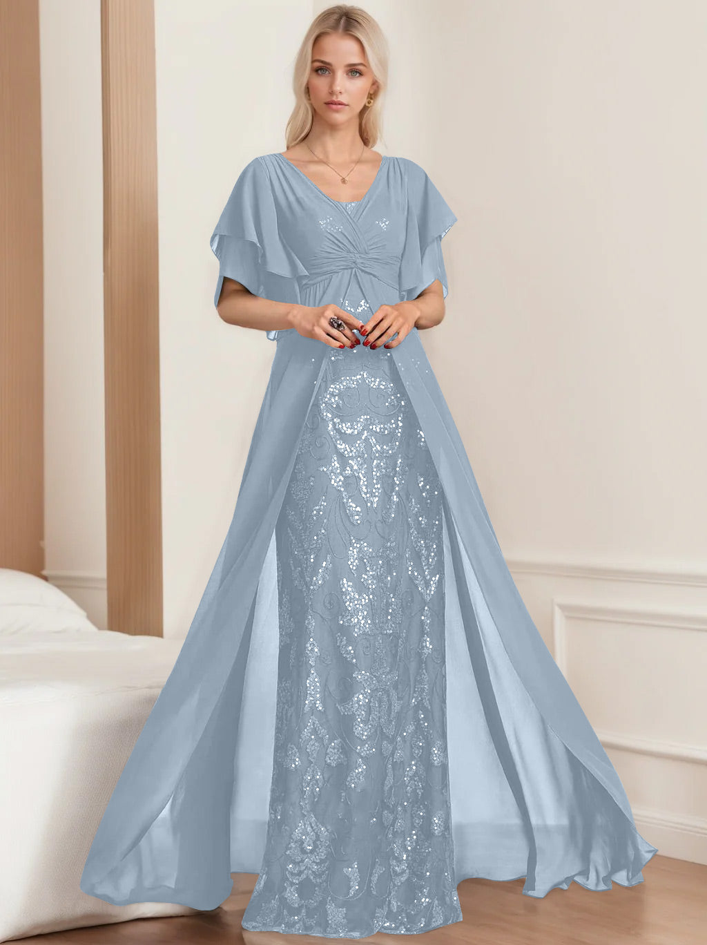 Robe de Mère de la Mariée A-Line/Princess à Col en V et Manches Mi-Longues, Grande Taille, avec Plis
