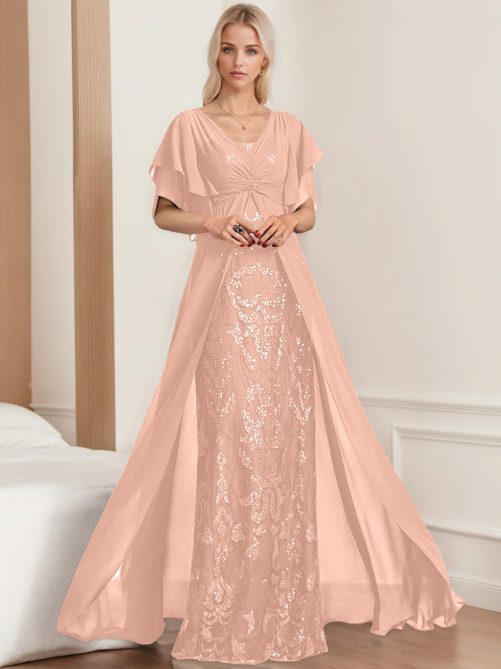 Robe de Mère de la Mariée A-Line/Princess à Col en V et Manches Mi-Longues, Grande Taille, avec Plis