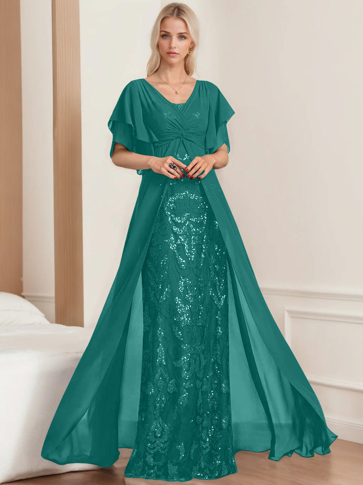 Robe de Mère de la Mariée A-Line/Princess à Col en V et Manches Mi-Longues, Grande Taille, avec Plis