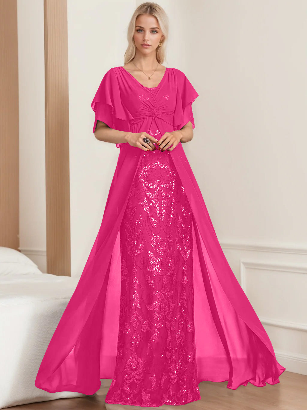 Robe de Mère de la Mariée A-Line/Princess à Col en V et Manches Mi-Longues, Grande Taille, avec Plis