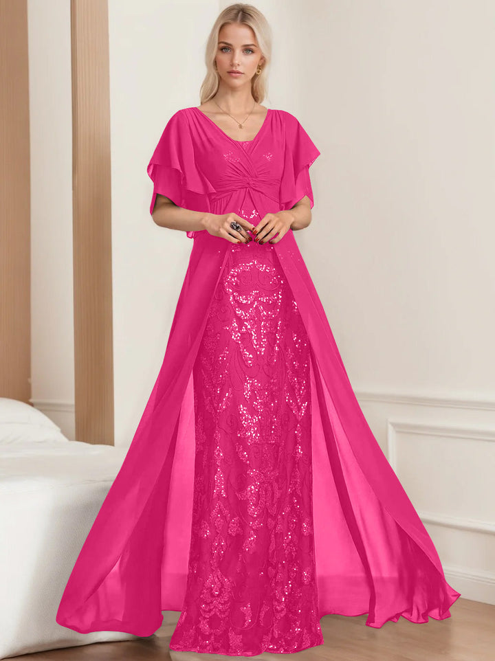 Robe de Mère de la Mariée A-Line/Princess à Col en V et Manches Mi-Longues, Grande Taille, avec Plis