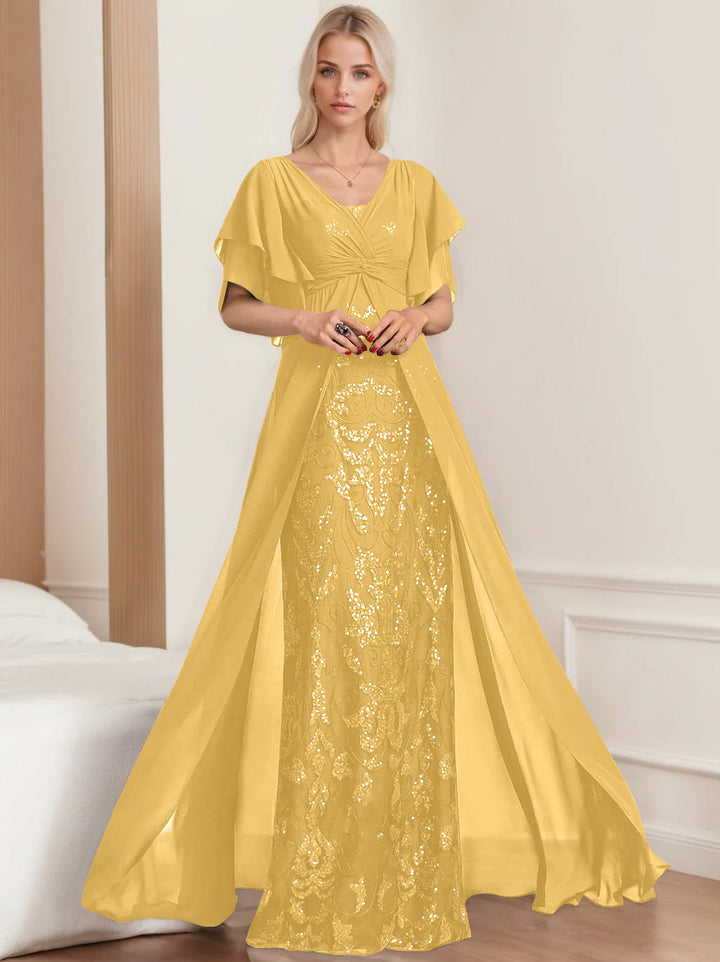 Robe de Mère de la Mariée A-Line/Princess à Col en V et Manches Mi-Longues, Grande Taille, avec Plis