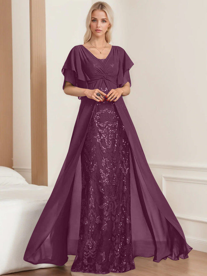 Robe de Mère de la Mariée A-Line/Princess à Col en V et Manches Mi-Longues, Grande Taille, avec Plis