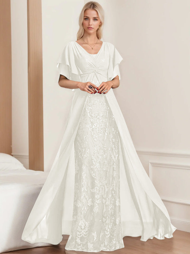 Robe de Mère de la Mariée A-Line/Princess à Col en V et Manches Mi-Longues, Grande Taille, avec Plis