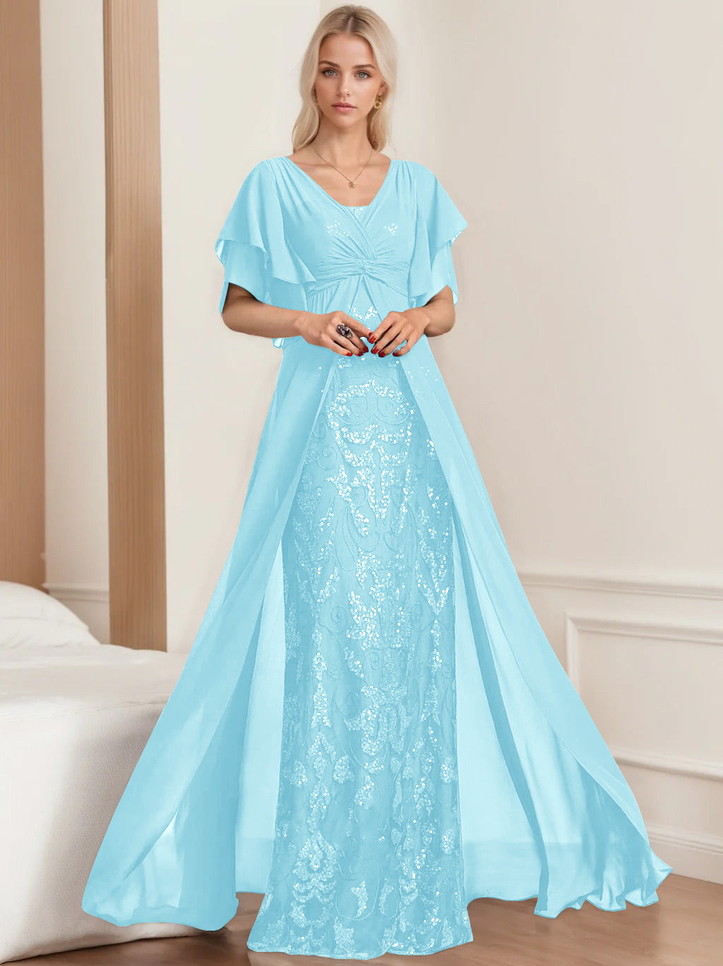 Robe de Mère de la Mariée A-Line/Princess à Col en V et Manches Mi-Longues, Grande Taille, avec Plis