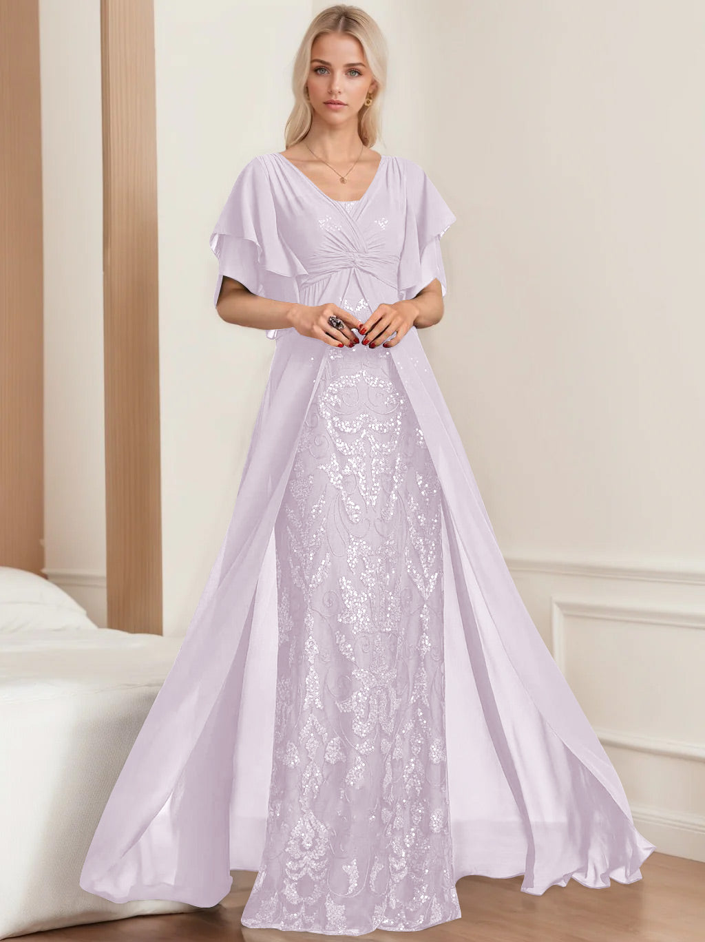 Robe de Mère de la Mariée A-Line/Princess à Col en V et Manches Mi-Longues, Grande Taille, avec Plis