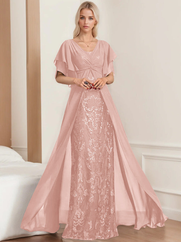 Robe de Mère de la Mariée A-Line/Princess à Col en V et Manches Mi-Longues, Grande Taille, avec Plis