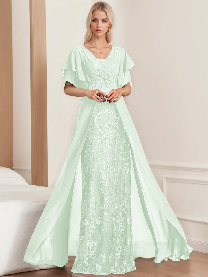 Robe de Mère de la Mariée A-Line/Princess à Col en V et Manches Mi-Longues, Grande Taille, avec Plis