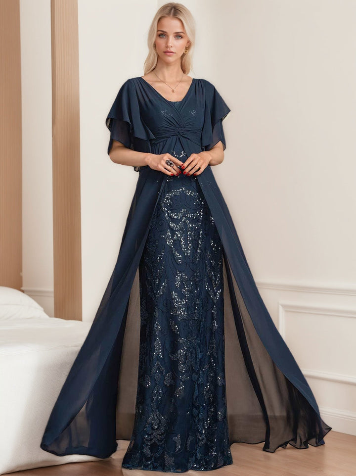 Robe de Mère de la Mariée A-Line/Princess à Col en V et Manches Mi-Longues, Grande Taille, avec Plis