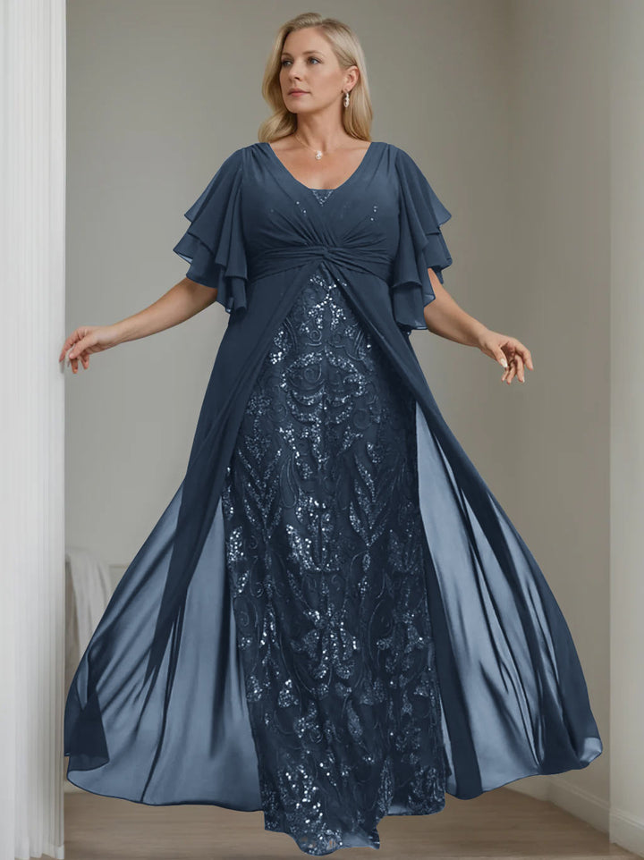 Robe de Mère de la Mariée A-Line/Princess à Col en V et Manches Mi-Longues, Grande Taille, avec Plis