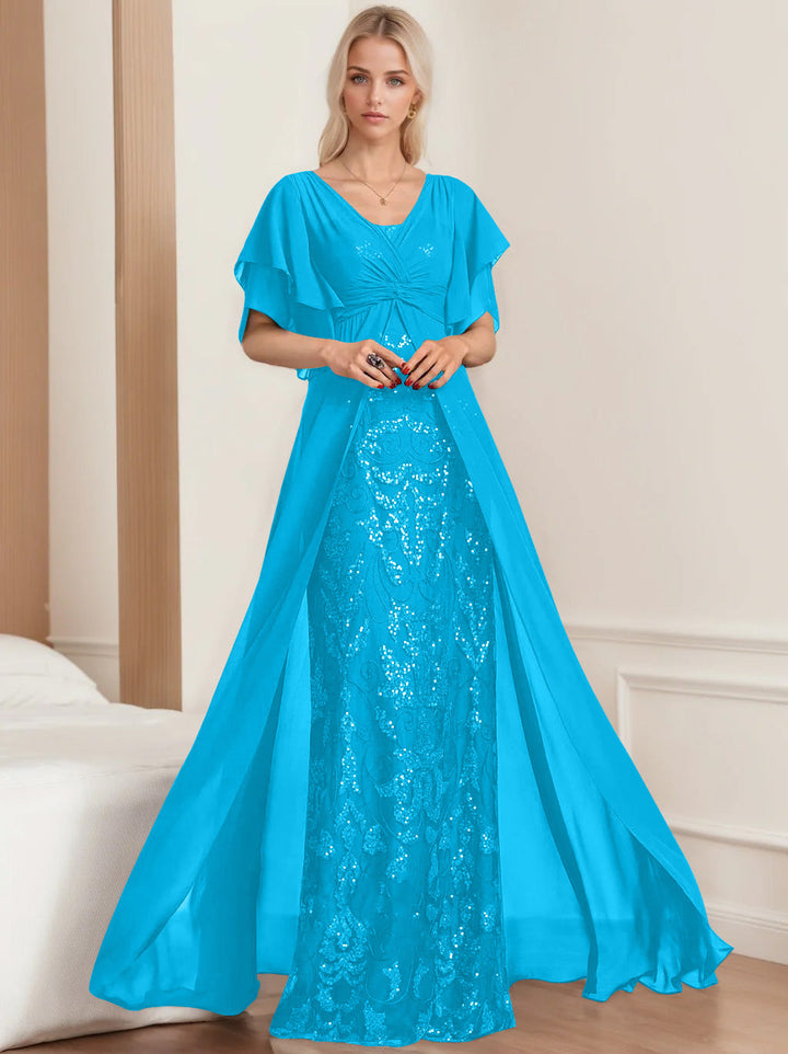 Robe de Mère de la Mariée A-Line/Princess à Col en V et Manches Mi-Longues, Grande Taille, avec Plis